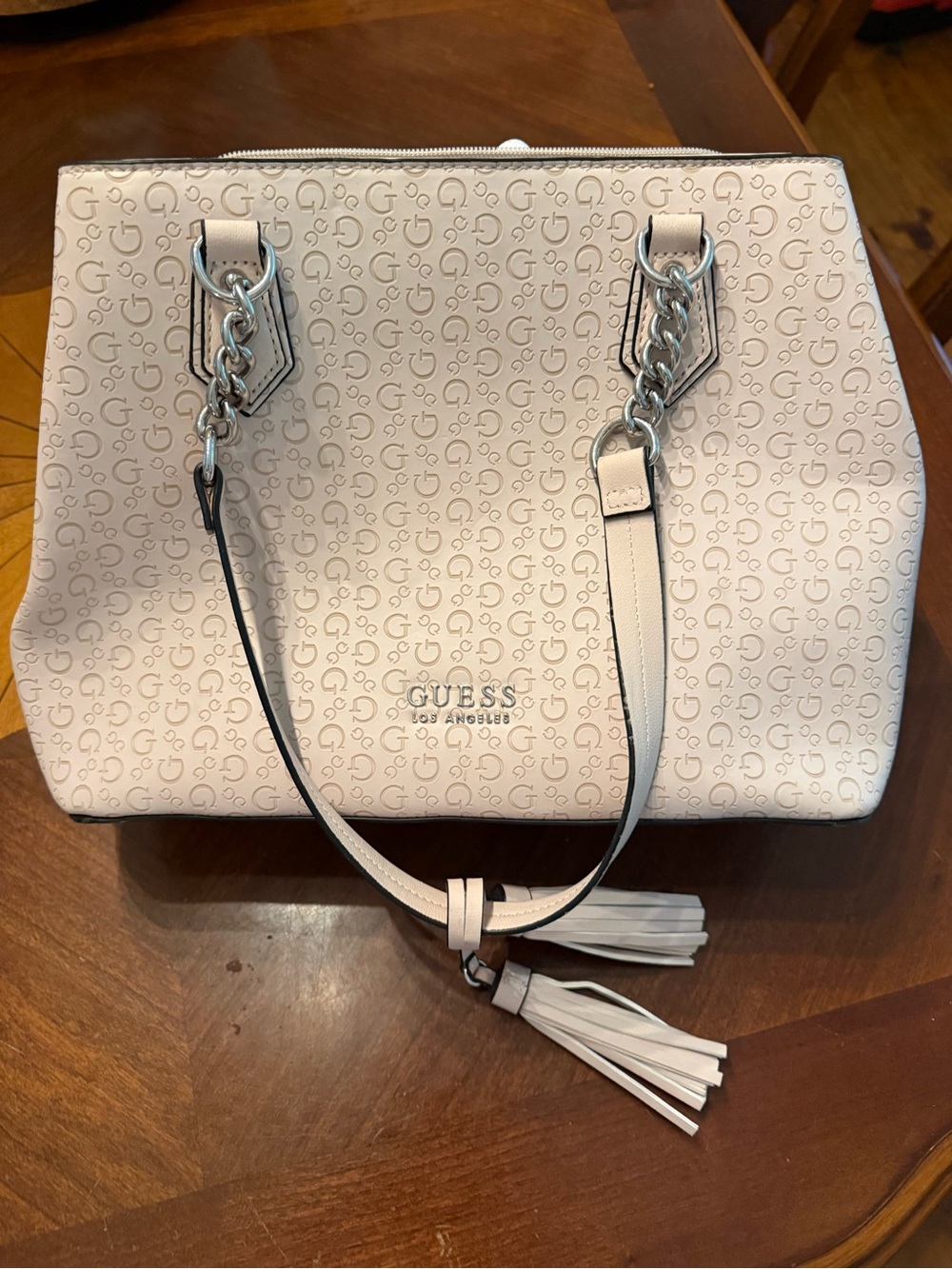 GUESS Cream Logo Tote with Chain-Strap Handles and Tassel